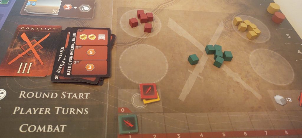 There were 6 green cubes in the final battle and no yellow or red cubes which were all in their garrisons. Giving green two points for the win.